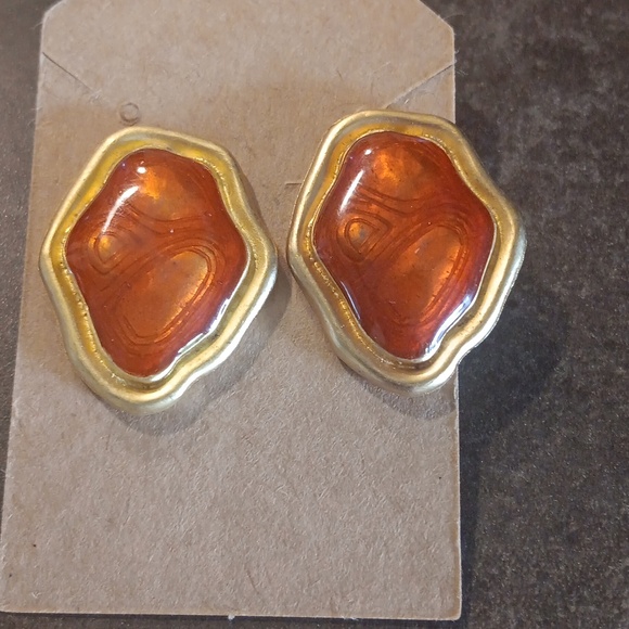 Vintage Gold and Orange Stud Earrings - Picture 2 of 4